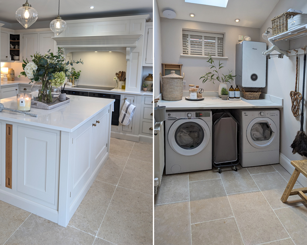 Polished beige limestone-effect kitchen floor tiles